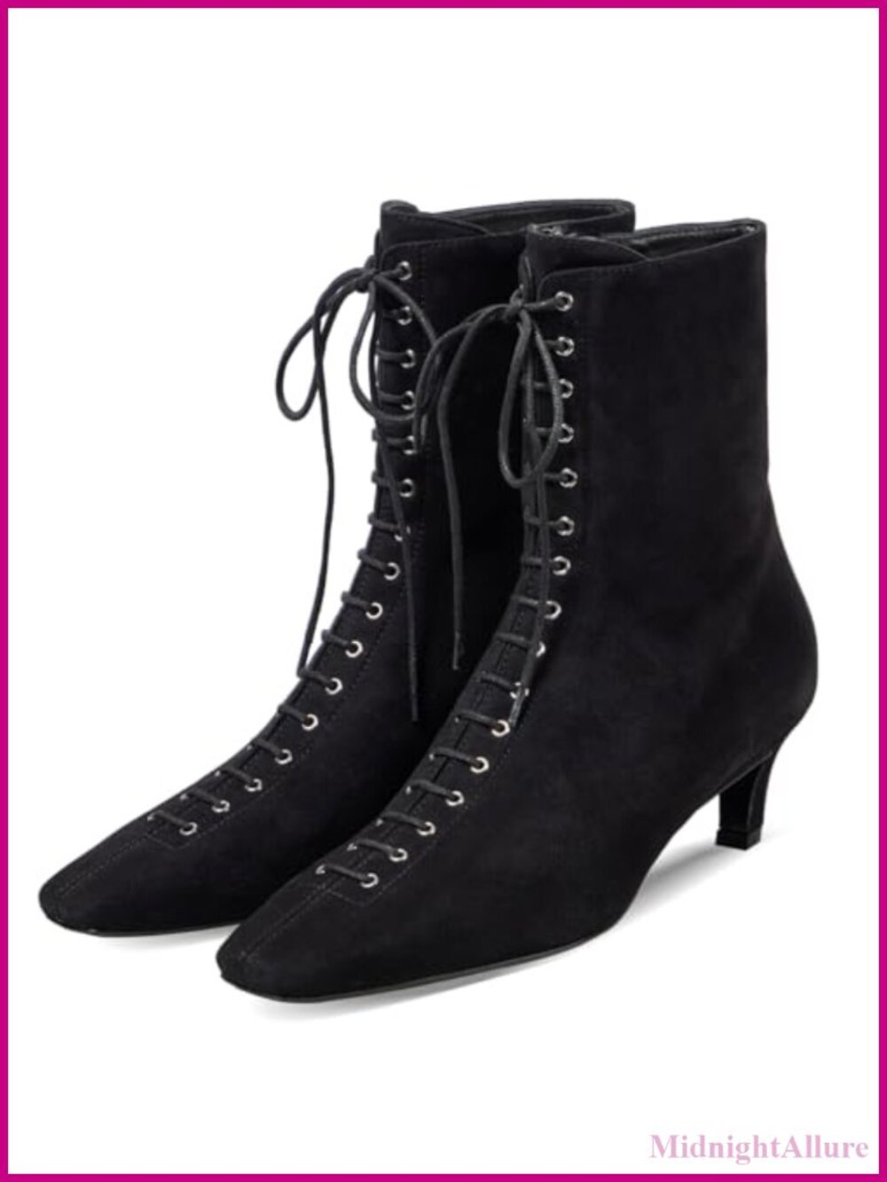 SEIFIN Suede Kitten Heel Ankle Boots Lace Up Square Toe Side Zip